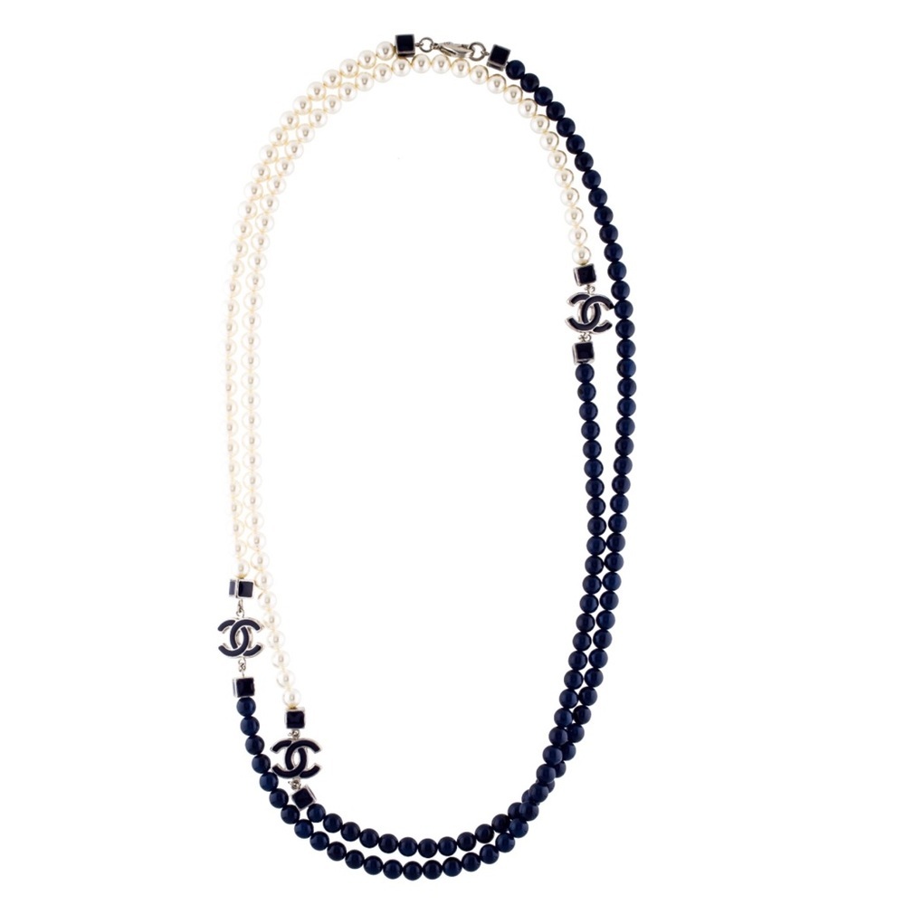 Chanel white and Navy faux pearls, glass, enamel